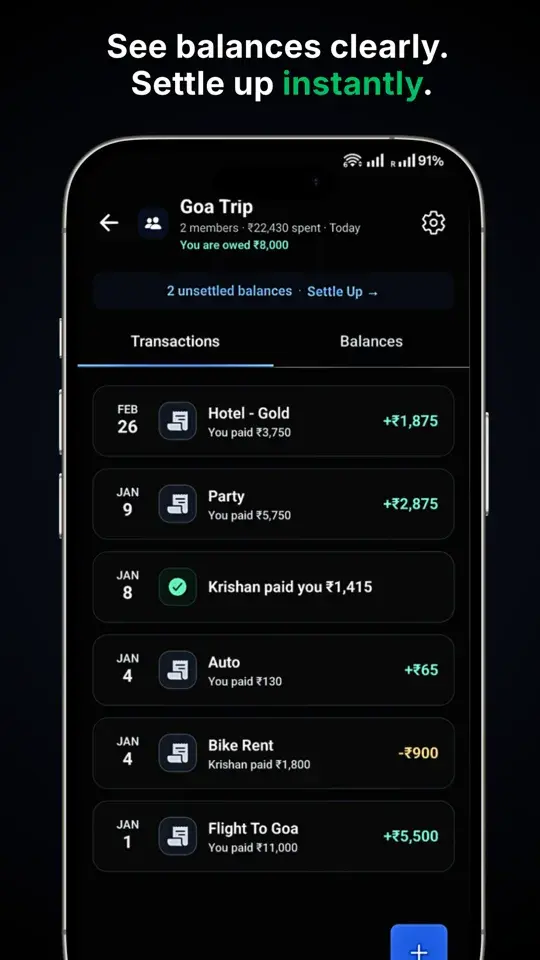 Trip expense tracking in The Hisaab - see who owes whom